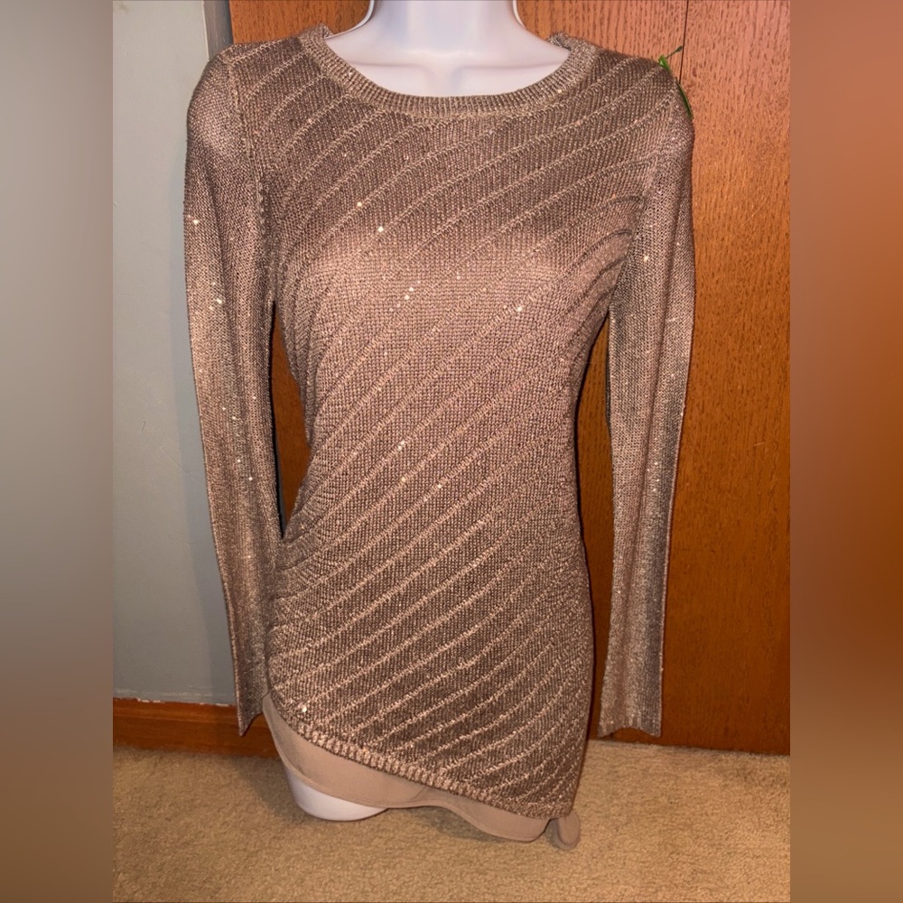 Apt 9 Sweater Gold Taupe XS Sparkly Thru out✨Long Sleeve Tunic Top Holiday Nice